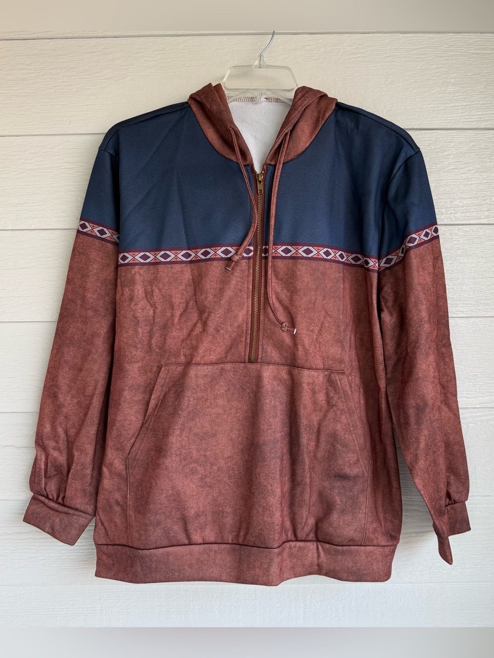 NEW Brown & Blue Aztec Print Half-Zip Long Sleeve Hoodie Women’s Men’s Size 1X